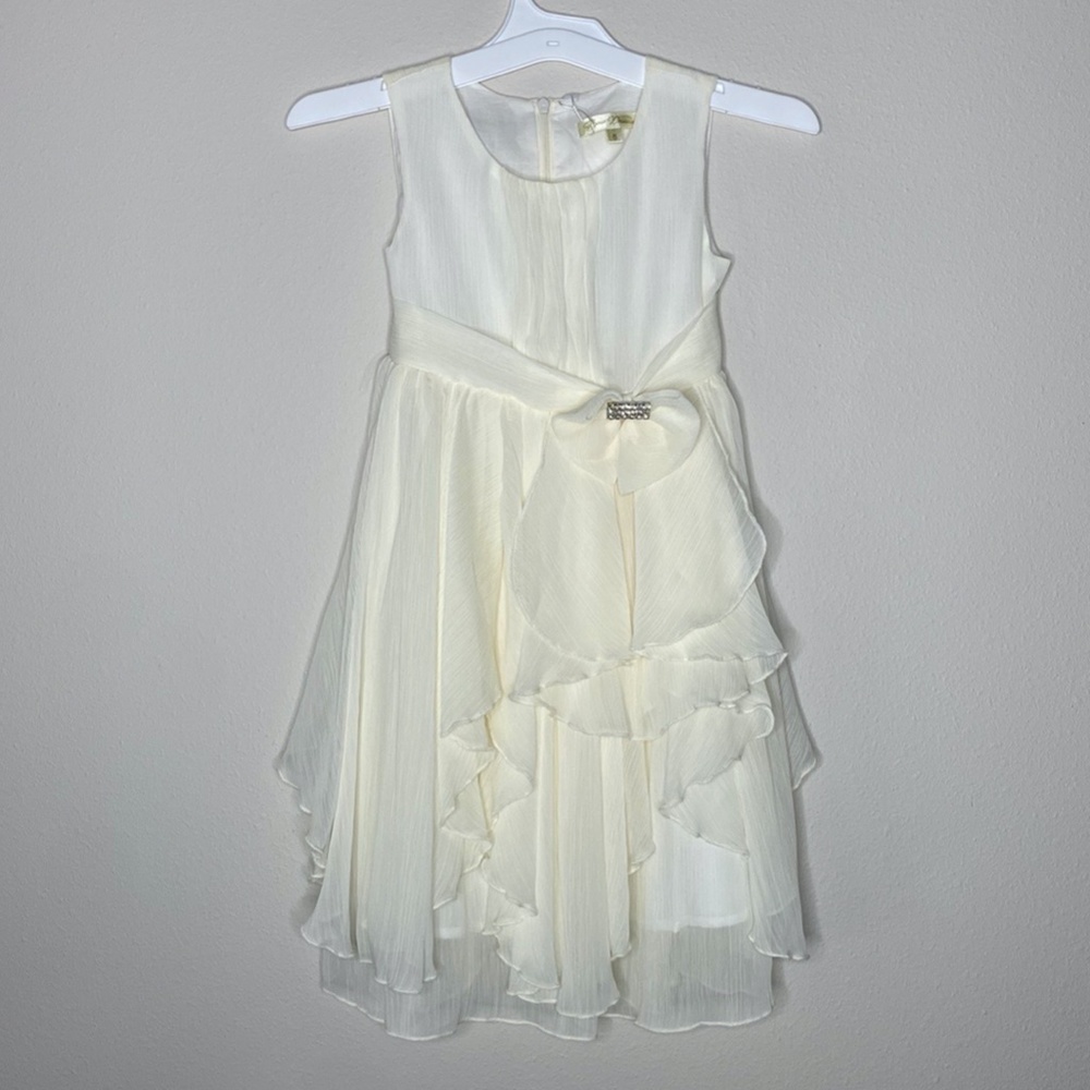 Bow Dream Ivory Flower Girl Tiered Ruffles Chiffon Rhinestone Accent Bow Dress 6